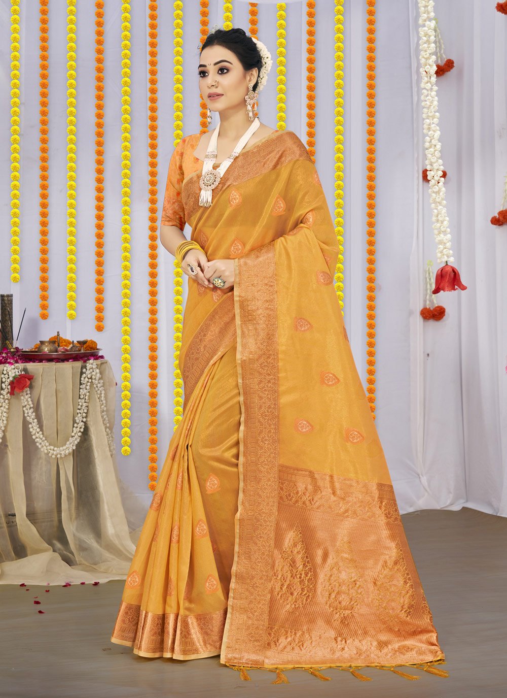 Designer Organza Yellow Fancy Work Saree