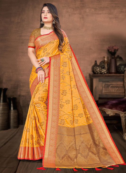 Contemporary Silk Yellow Fancy Work Saree