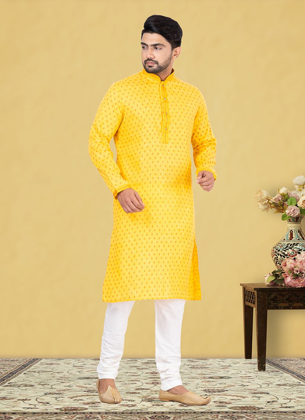 Kurta Pyjama Cotton Linen Yellow Fancy Work Mens