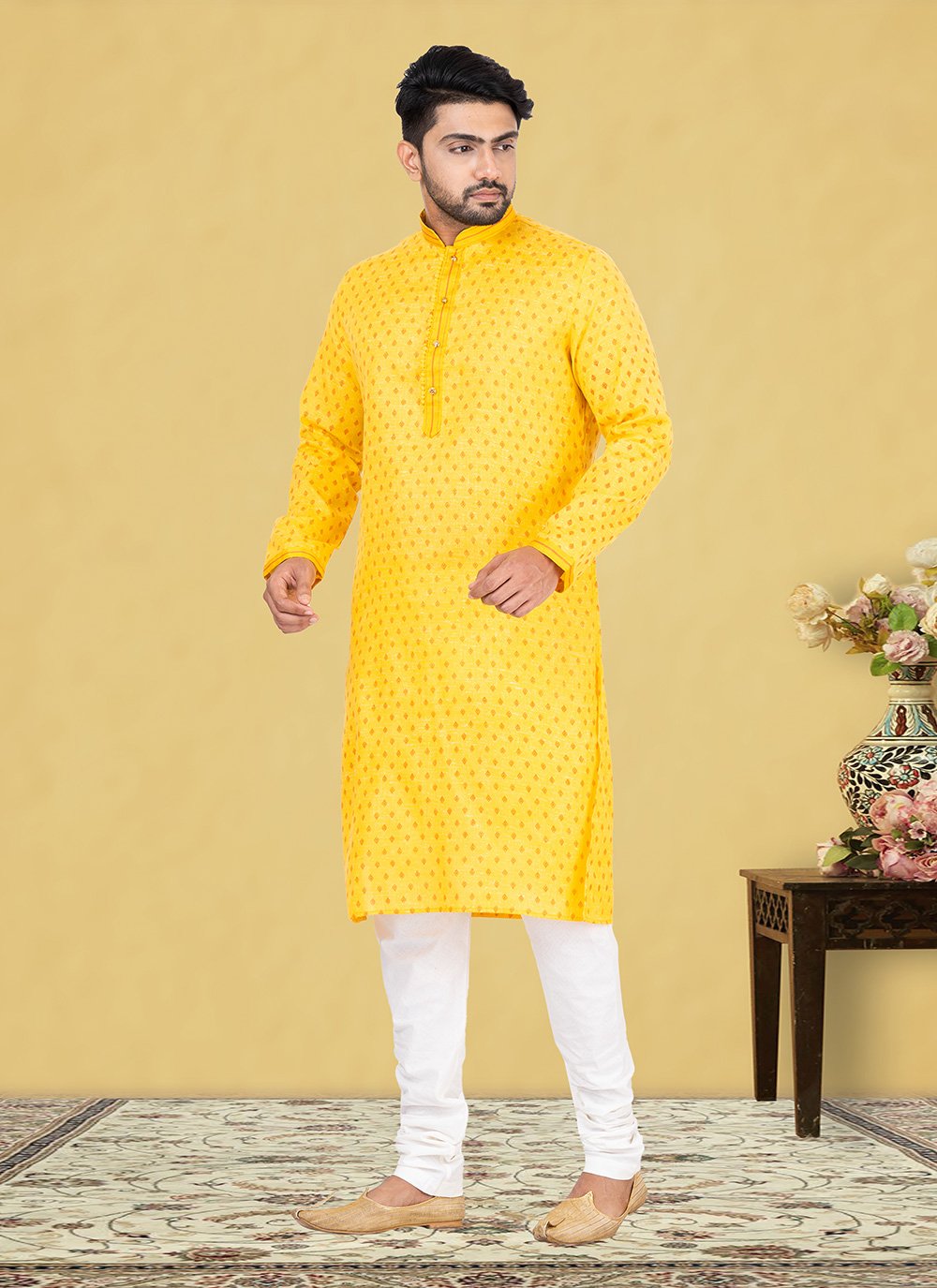 Kurta Pyjama Cotton Linen Yellow Fancy Work Mens