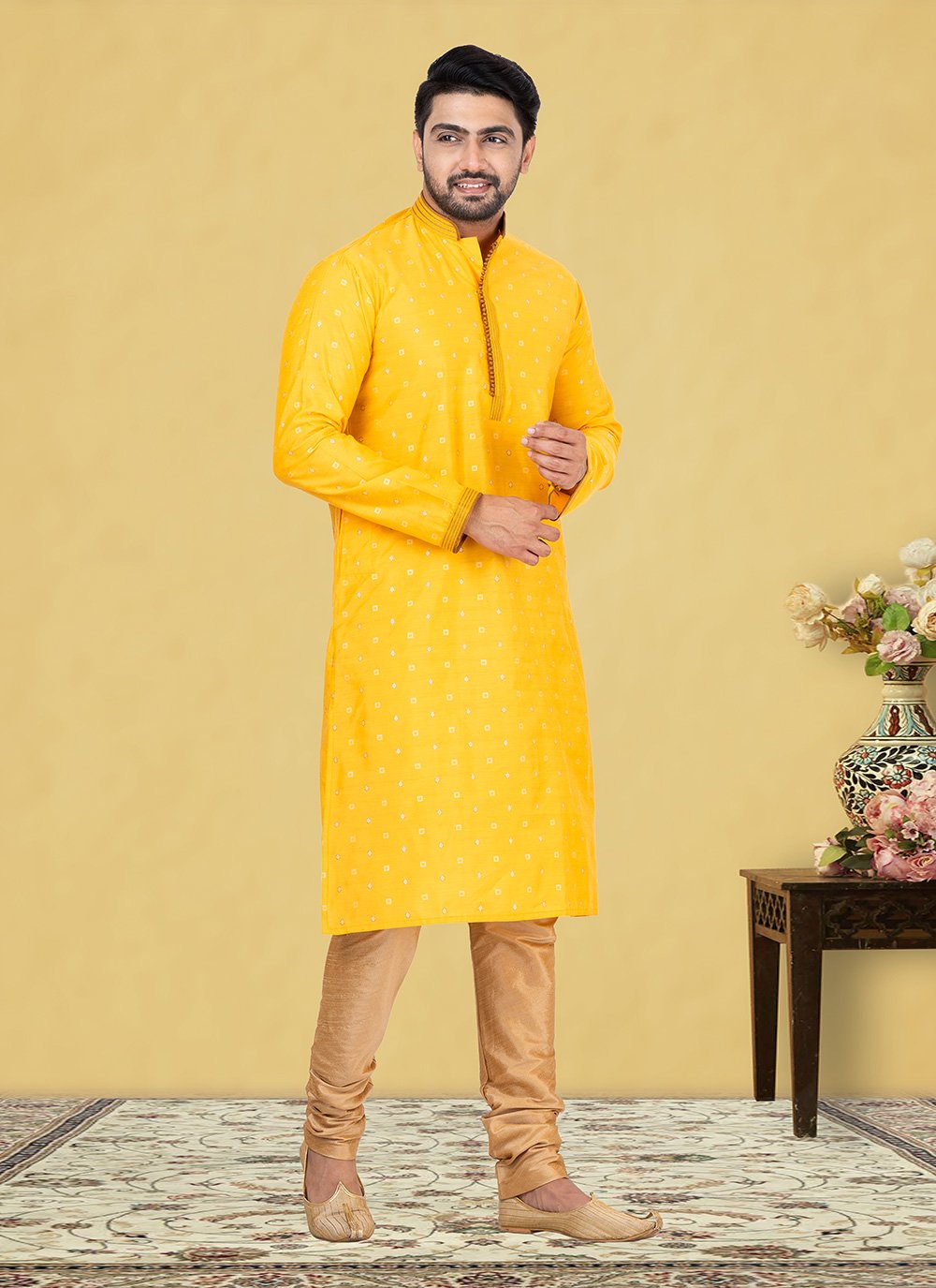 Kurta Pyjama Cotton Yellow Fancy Work Mens