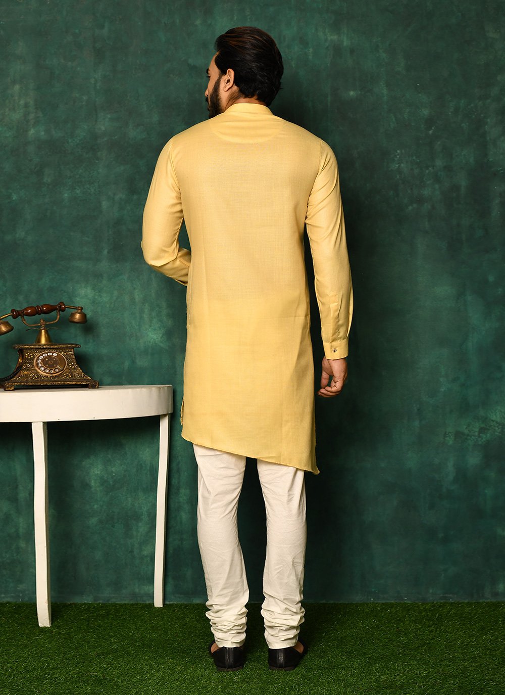 Kurta Pyjama Cotton Yellow Fancy Work Mens