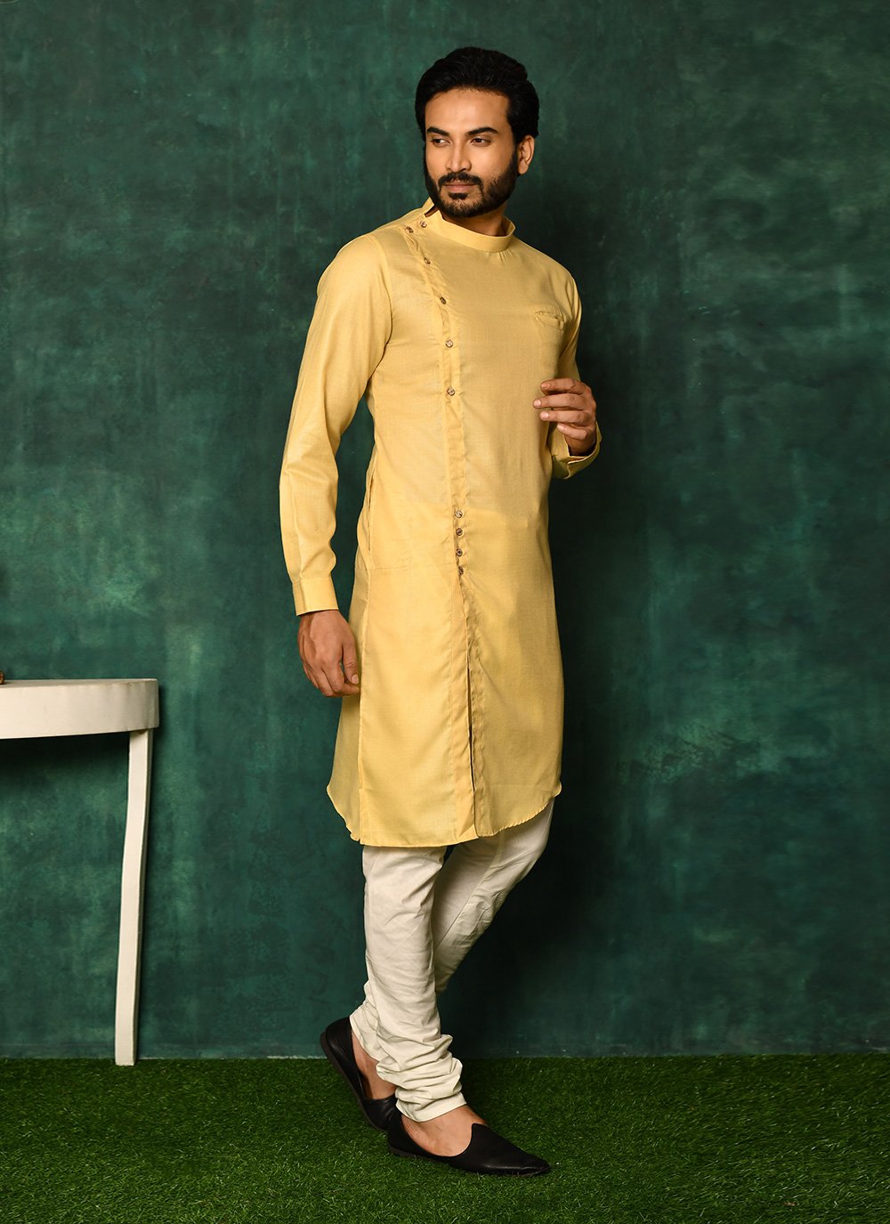 Kurta Pyjama Cotton Yellow Fancy Work Mens