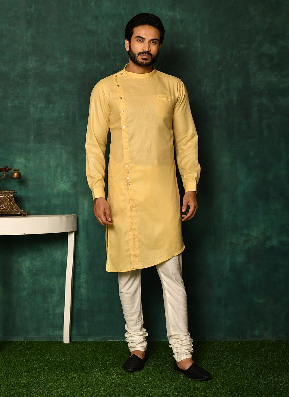 Kurta Pyjama Cotton Yellow Fancy Work Mens