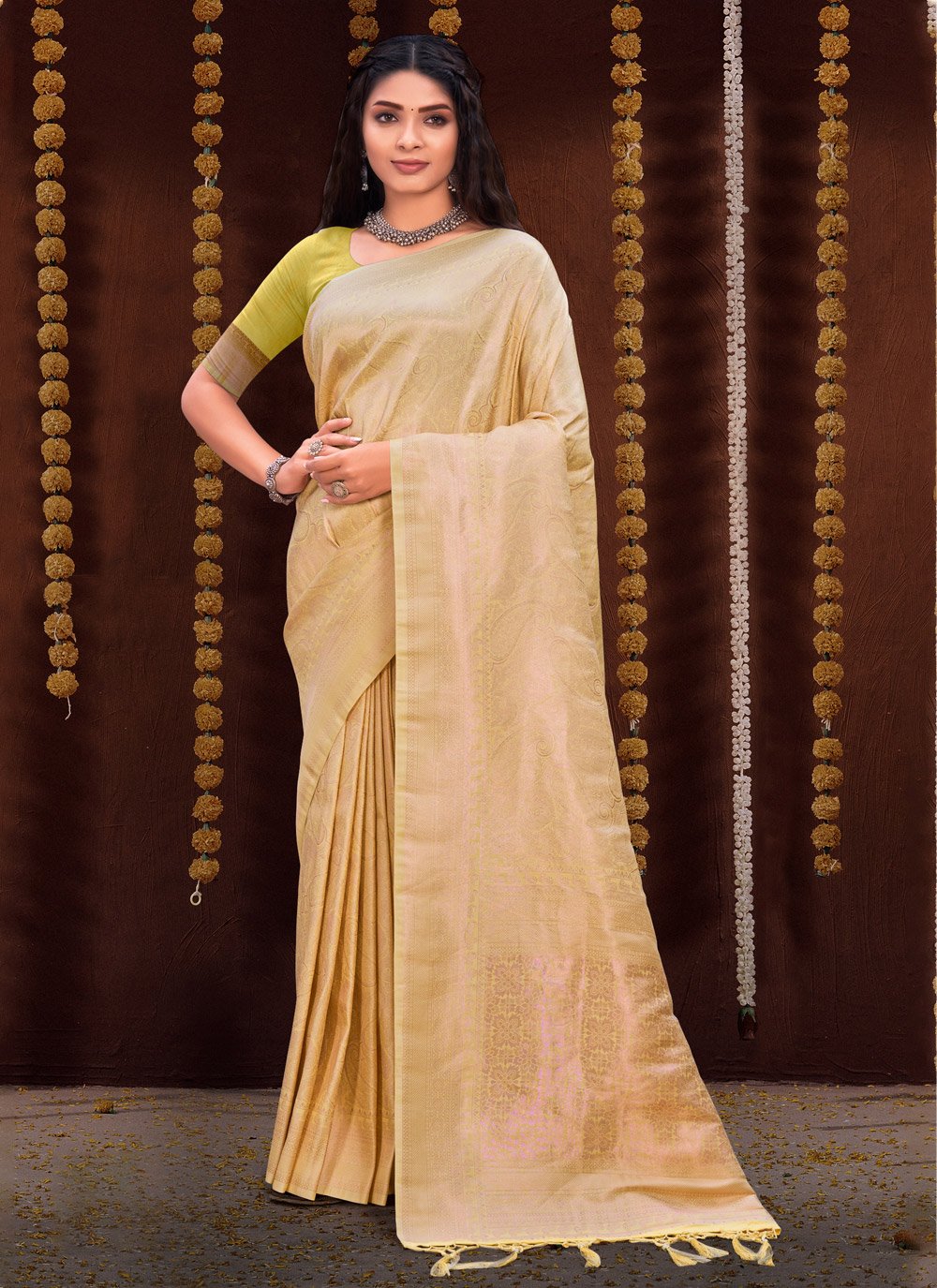 Designer Kanjivaram Silk Yellow Fancy Work Saree