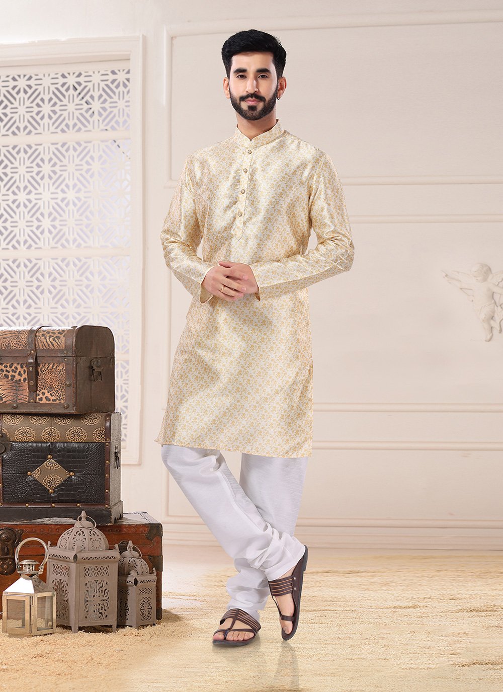 Kurta Pyjama Silk Yellow Fancy Work Mens