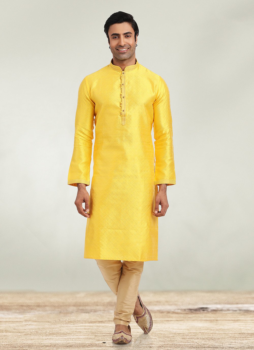 Kurta Pyjama Jacquard Yellow Fancy Work Mens