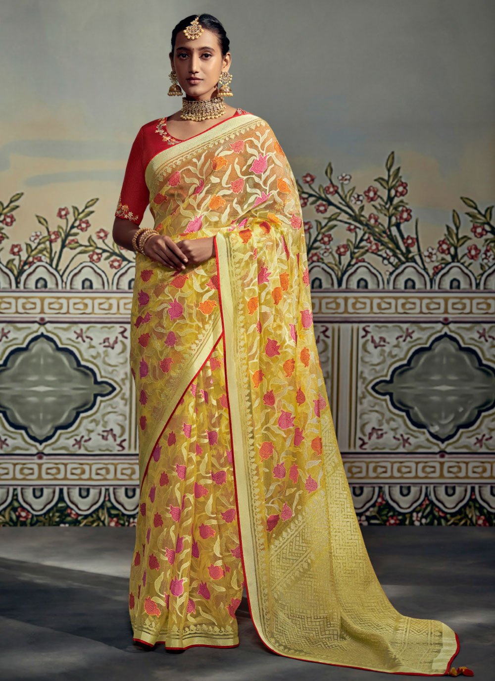 Contemporary Brasso Yellow Fancy Work Saree