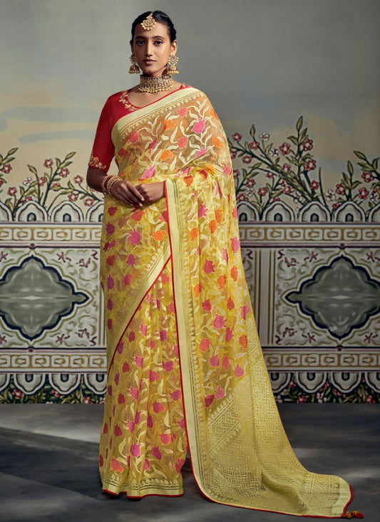 Contemporary Brasso Yellow Fancy Work Saree