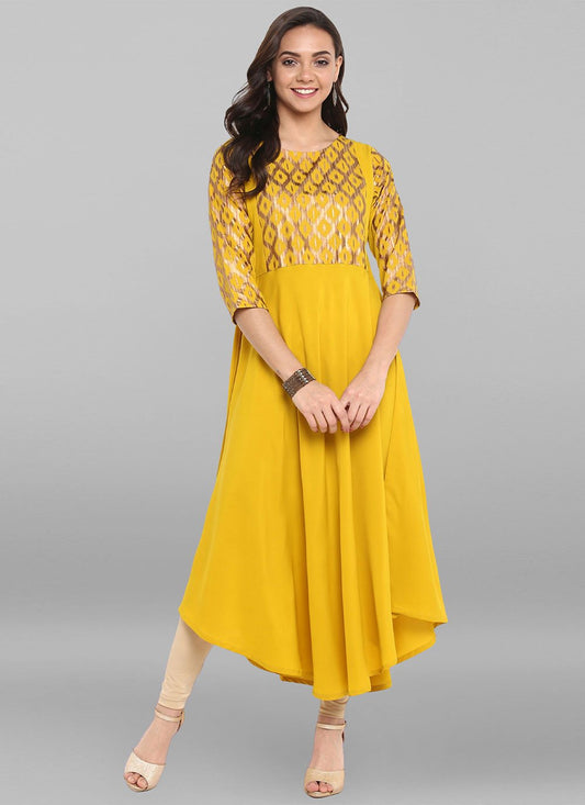 Designer Kurti Faux Crepe Yellow Print Kurtis