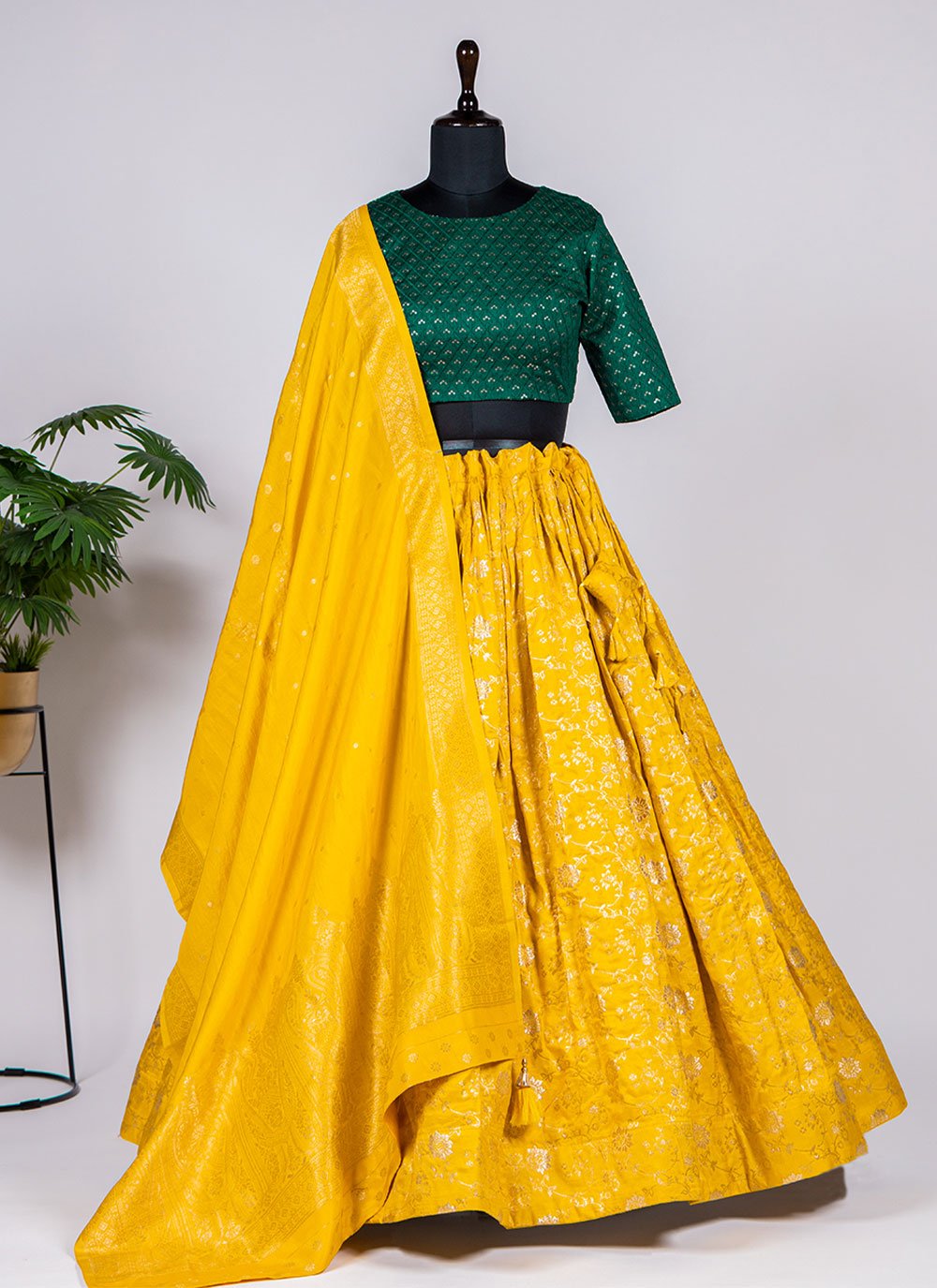 A Line Lehenga Chanderi Viscose Yellow Weaving Lehenga Choli