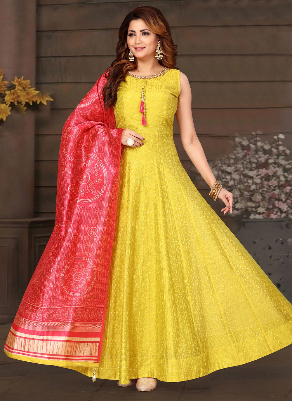 Anarkali Suit Silk Yellow Embroidered Salwar Kameez