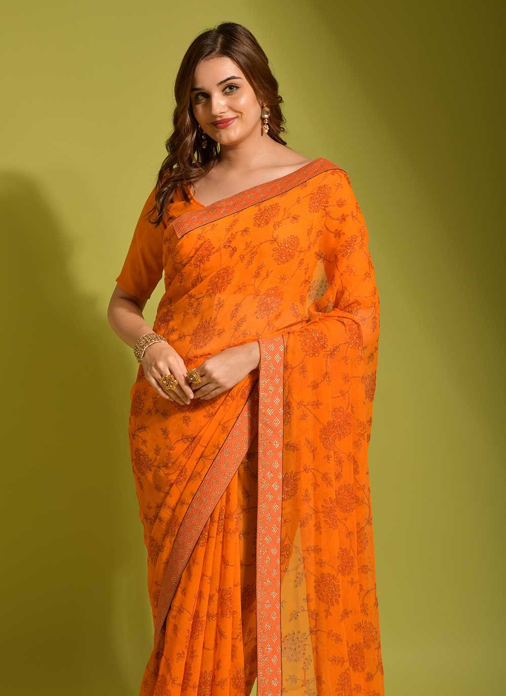 Classic Chiffon Yellow Print Saree