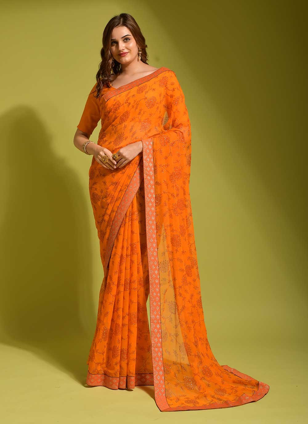 Classic Chiffon Yellow Print Saree