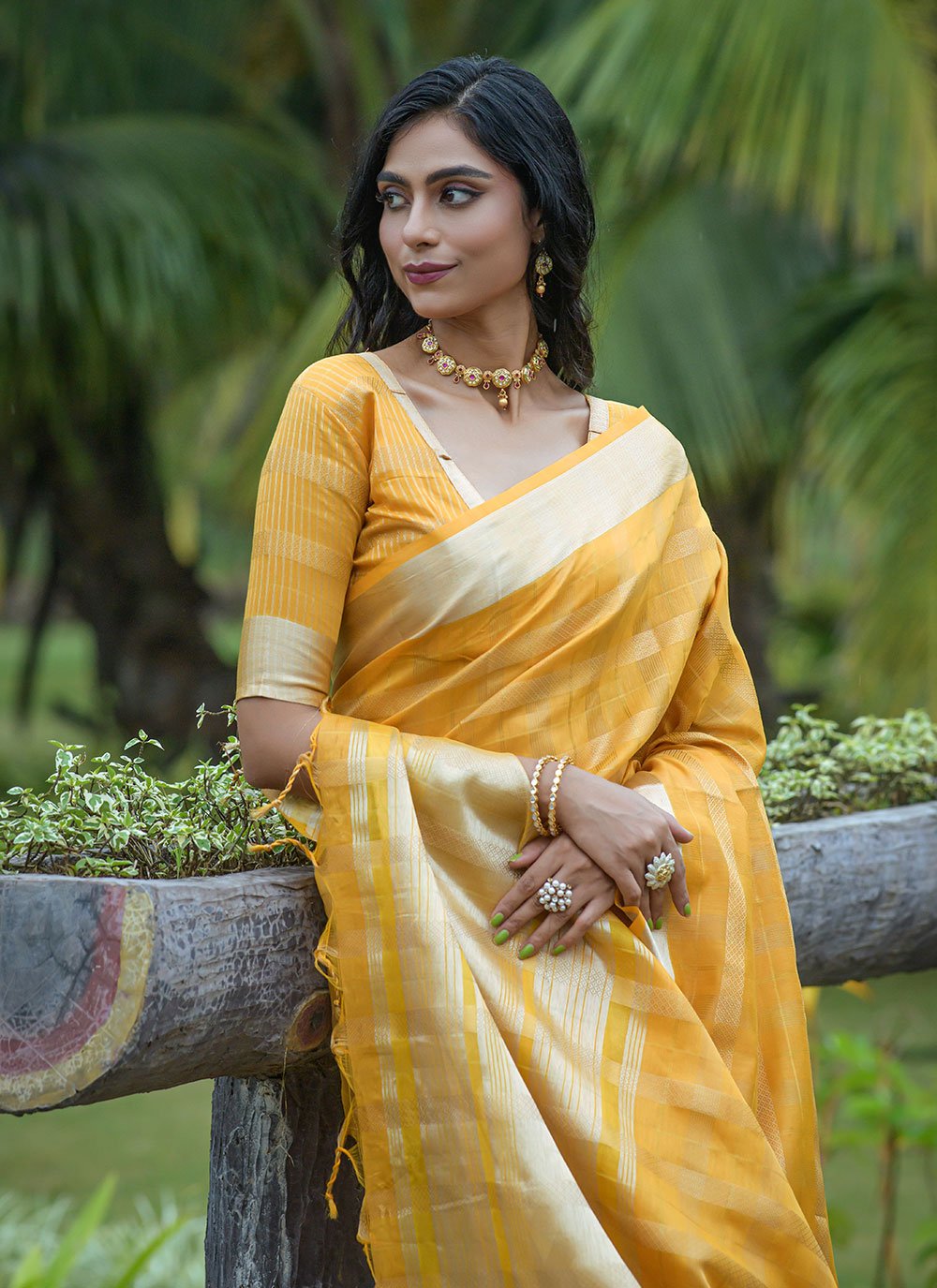 Contemporary Organza Silk Yellow Strips Print Saree