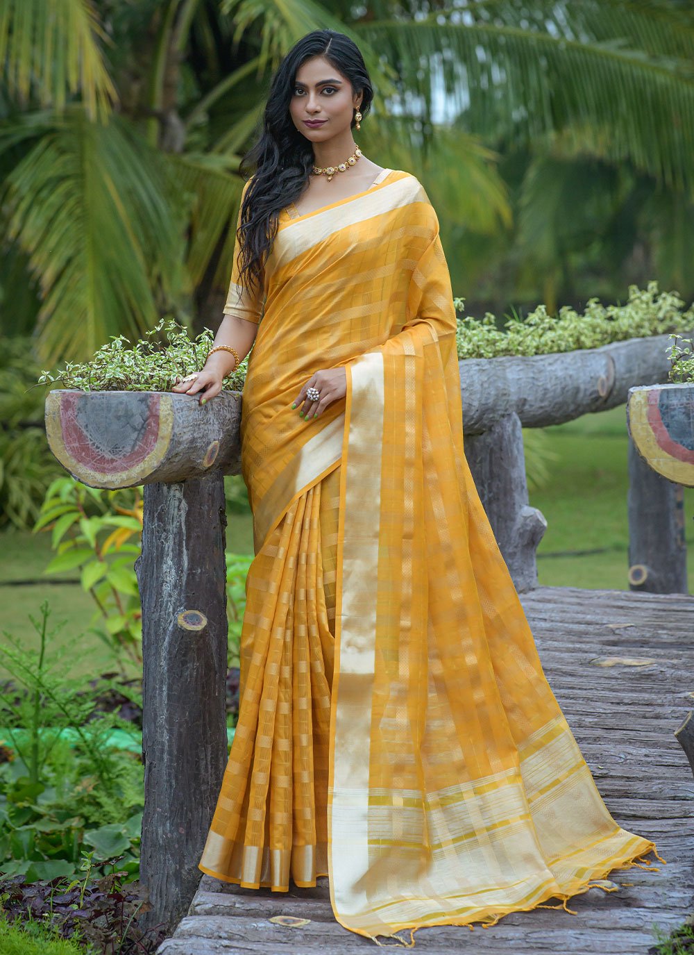 Contemporary Organza Silk Yellow Strips Print Saree