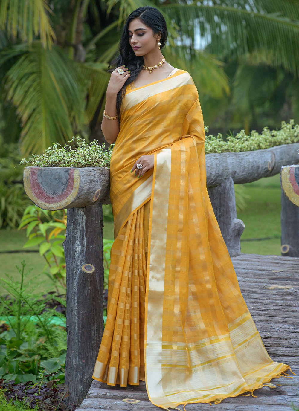 Contemporary Organza Silk Yellow Strips Print Saree