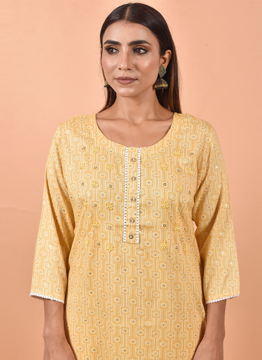 Designer Kurti Cotton Yellow Print Kurtis