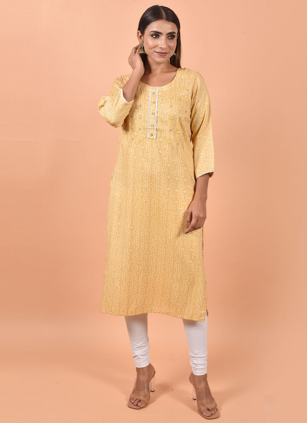 Designer Kurti Cotton Yellow Print Kurtis