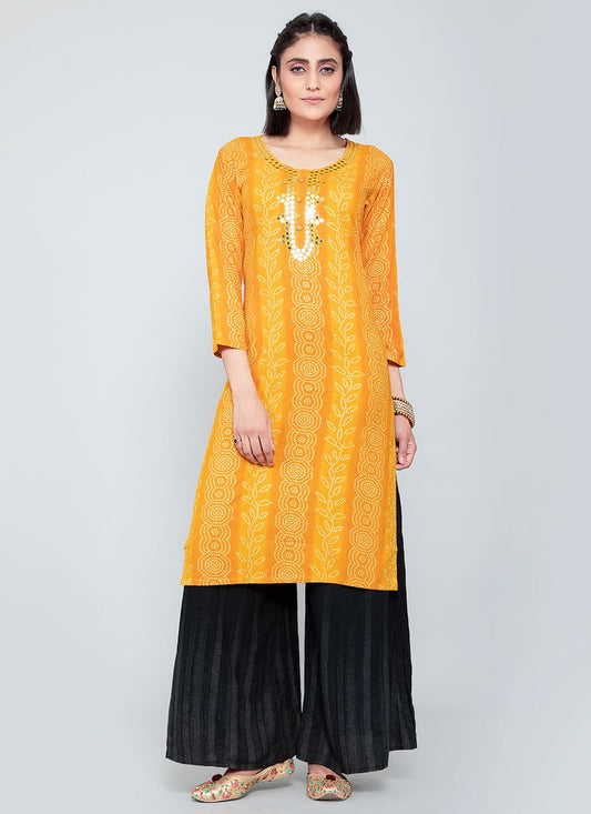 Designer Kurti Rayon Yellow Mirror Kurtis