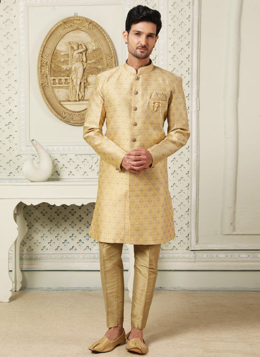 Indo Western Jacquard Yellow Embroidered Mens