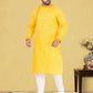 Kurta Pyjama Cotton Linen Yellow Fancy Work Mens