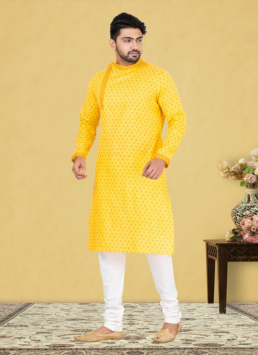 Kurta Pyjama Cotton Linen Yellow Fancy Work Mens