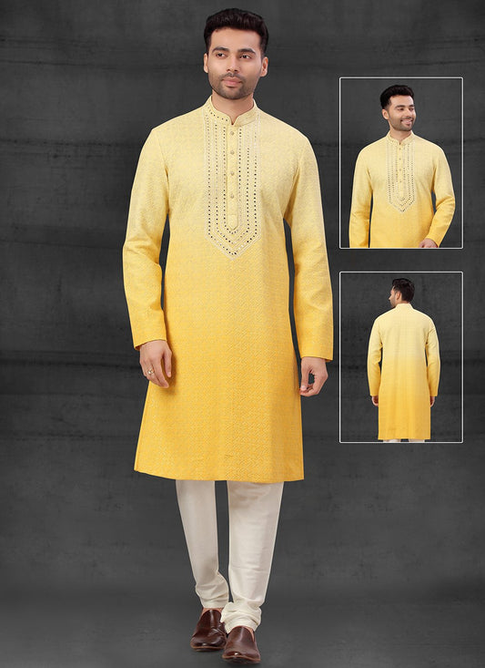 Kurta Pyjama Lucknowi Yellow Embroidered Mens