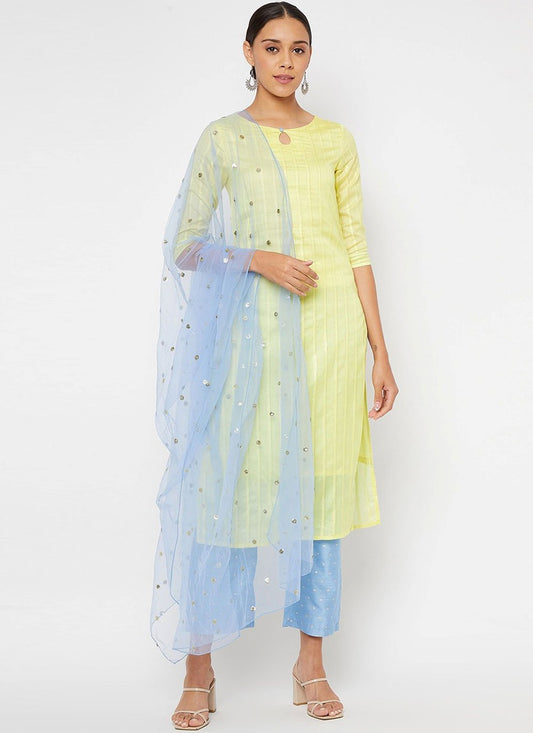 Pant Style Suit Silk Yellow Strips Print Salwar Kameez