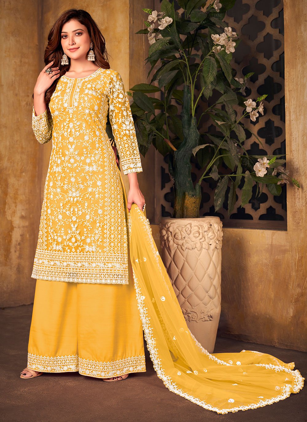 Salwar Suit Net Yellow Cord Work Salwar Kameez