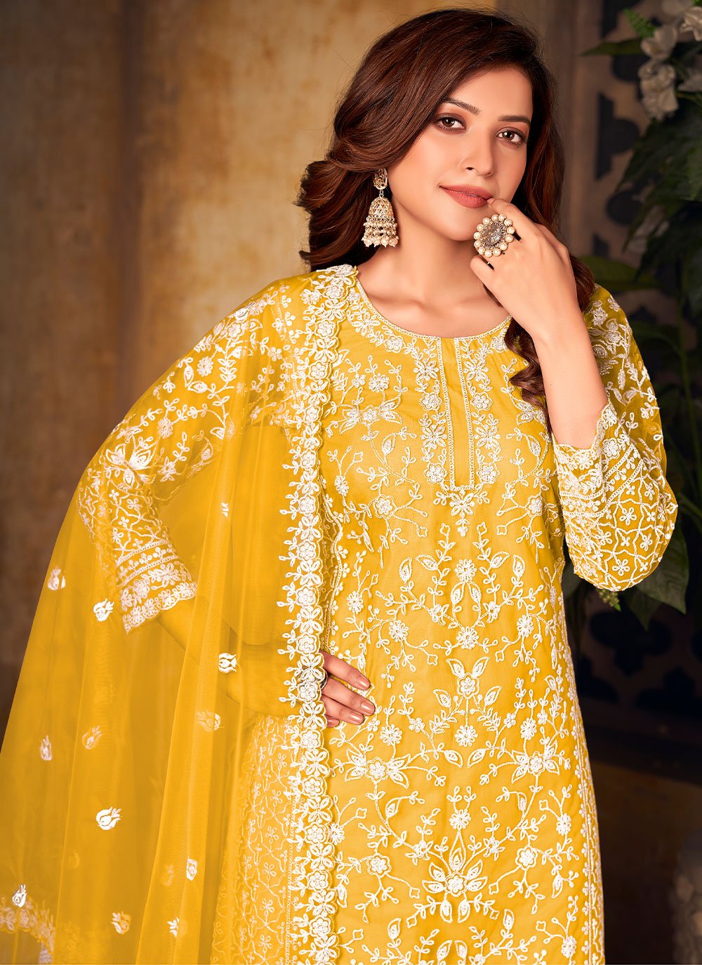 Salwar Suit Net Yellow Cord Work Salwar Kameez