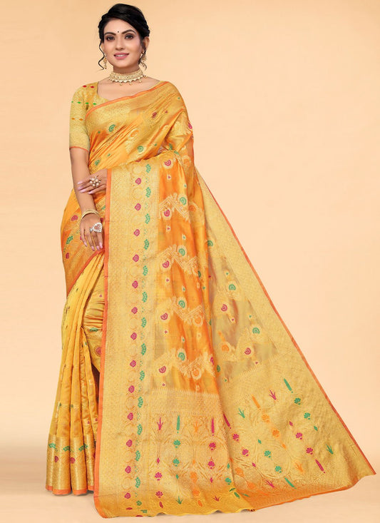 Classic Organza Yellow Woven Saree