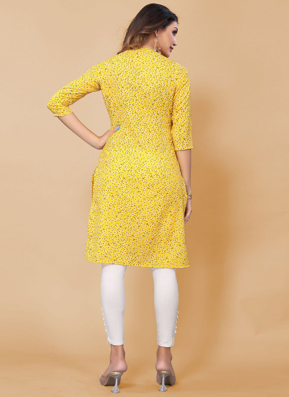 Designer Kurti Faux Crepe Yellow Floral Patch Kurtis