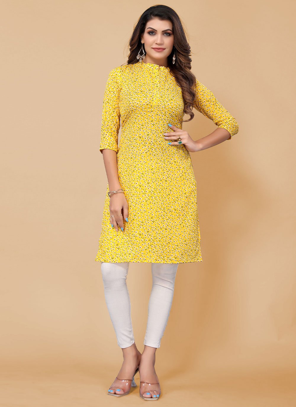 Designer Kurti Faux Crepe Yellow Floral Patch Kurtis