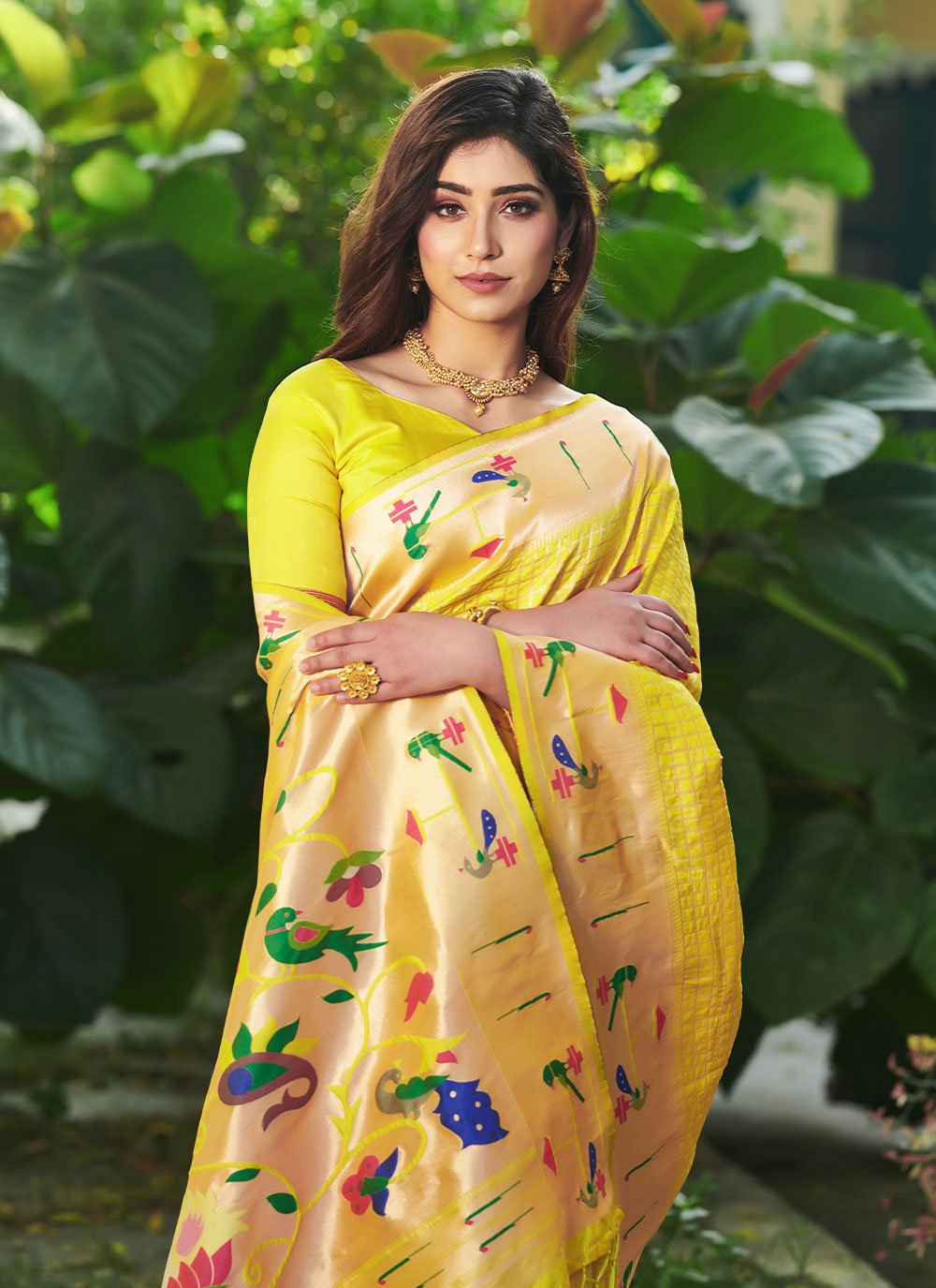 Traditional Saree Silk Yellow Floral Patch Saree