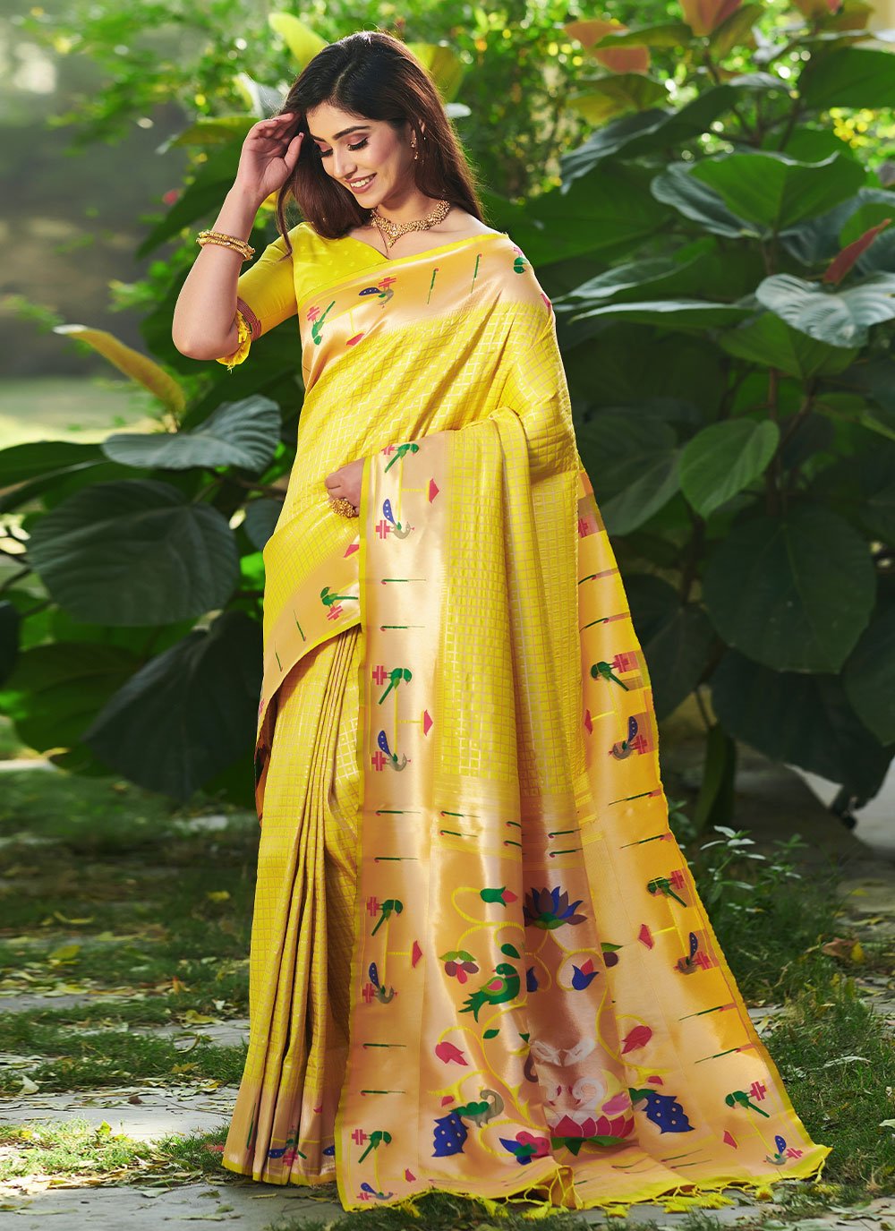 Traditional Saree Silk Yellow Floral Patch Saree