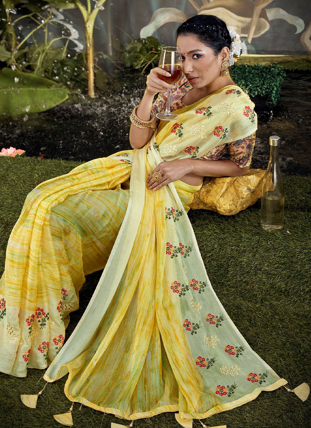 Classic Foil Yellow Embroidered Saree