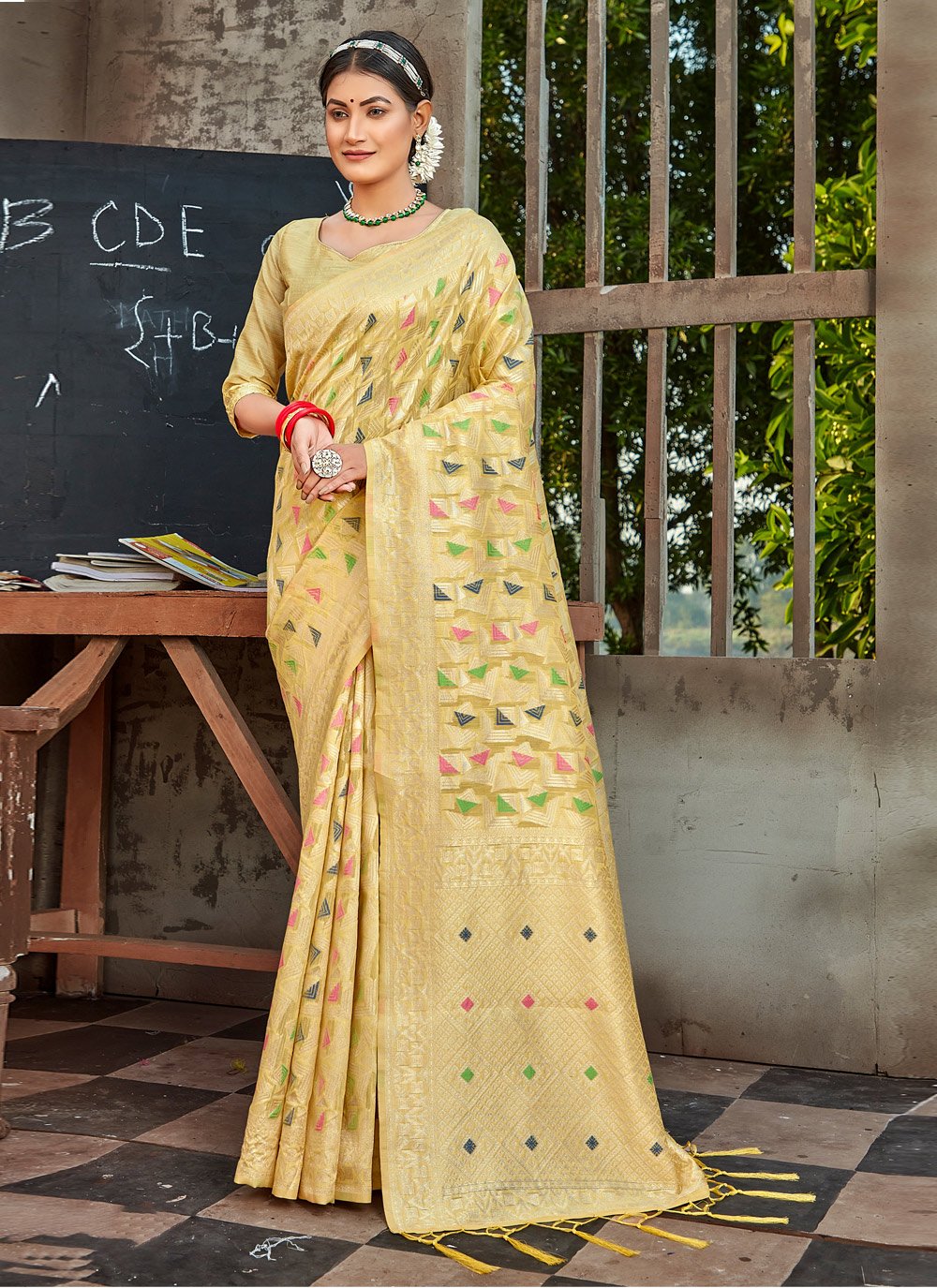 Traditional Saree Cotton Yellow Embroidered Saree