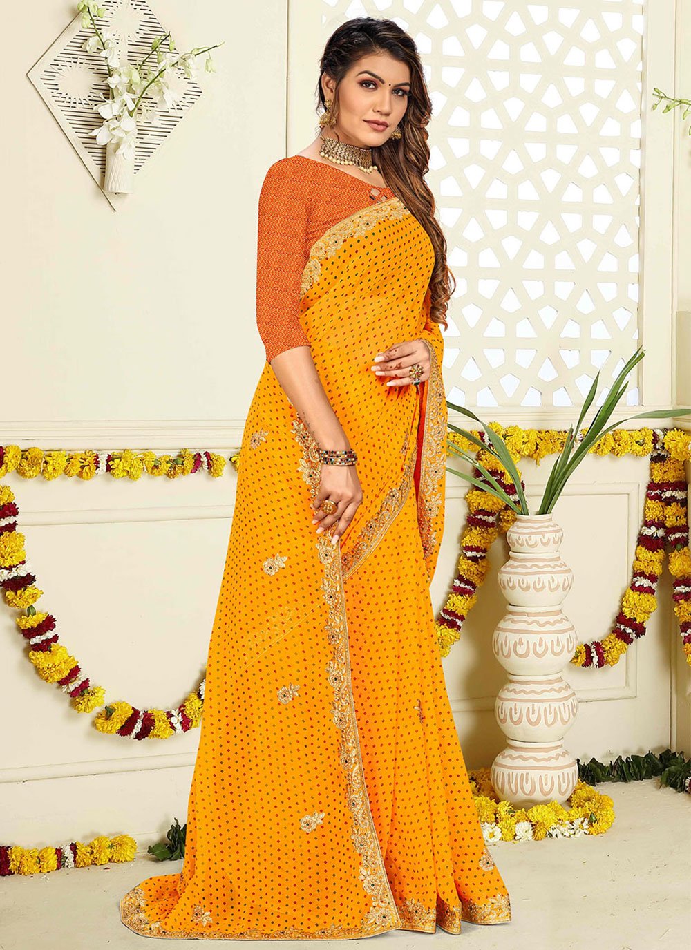 Designer Georgette Yellow Patch Border Saree