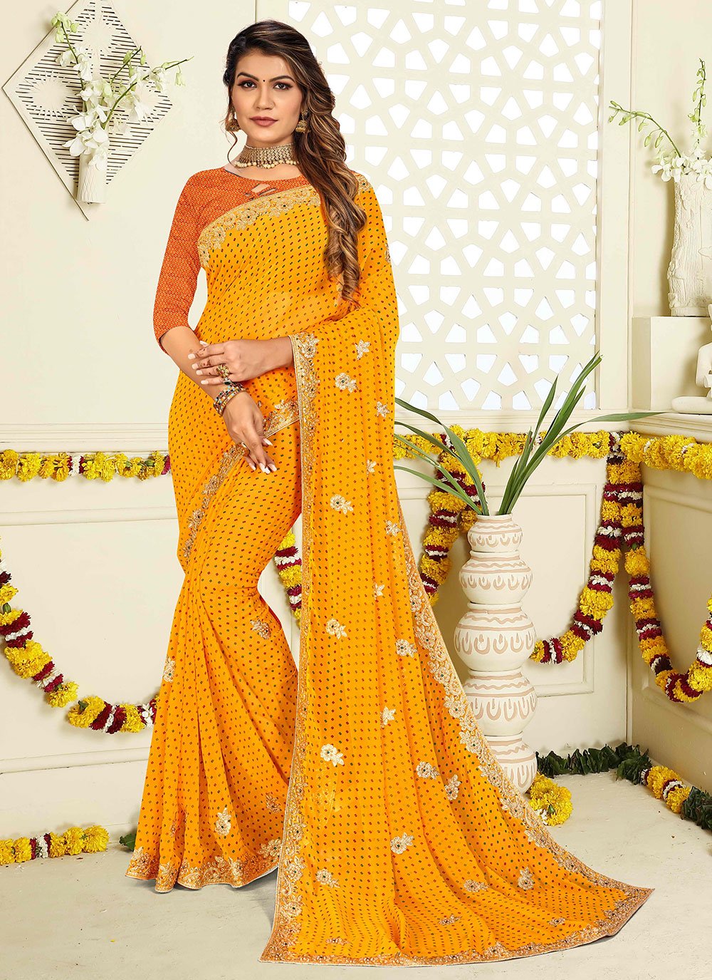 Designer Georgette Yellow Patch Border Saree