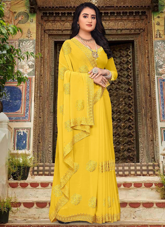 Classic Georgette Yellow Embroidered Saree