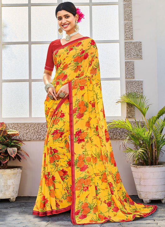 Contemporary Georgette Yellow Fancy Work Saree