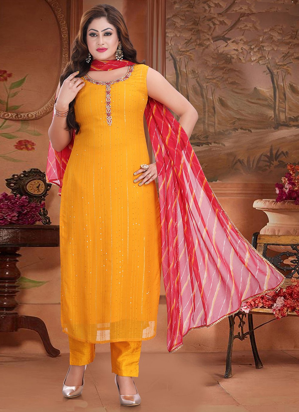 Salwar Suit Georgette Yellow Embroidered Salwar Kameez