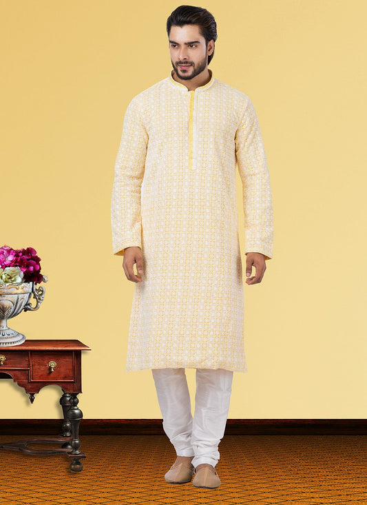 Kurta Pyjama Georgette Yellow Embroidered Mens