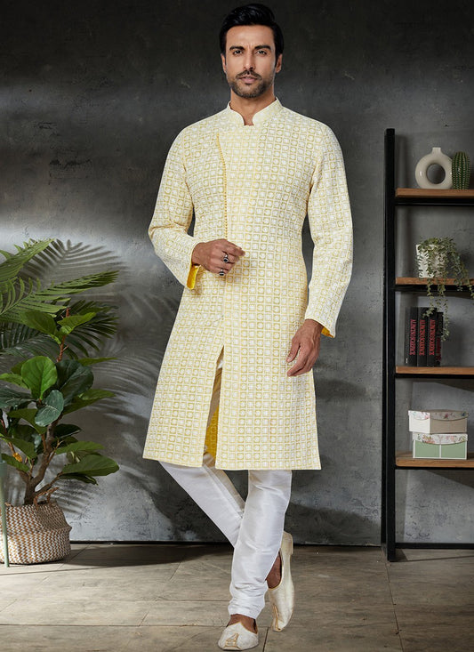 Kurta Pyjama Georgette Yellow Embroidered Mens