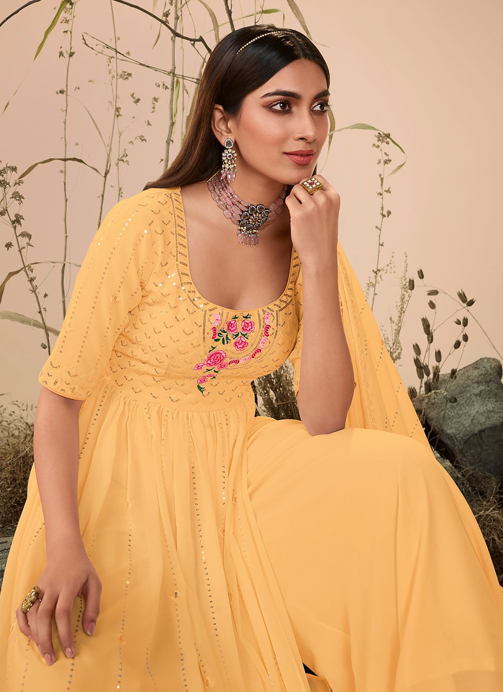 Floor Lenght Salwar Suit Georgette Yellow Embroidered Salwar Kameez