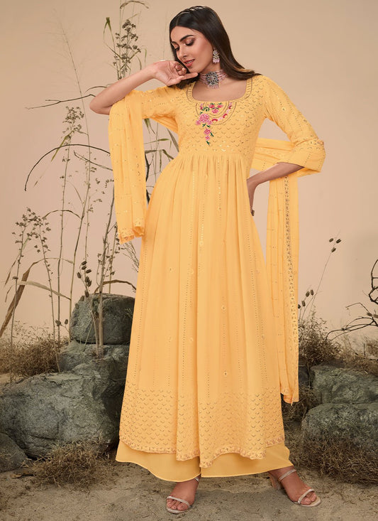 Floor Lenght Salwar Suit Georgette Yellow Embroidered Salwar Kameez