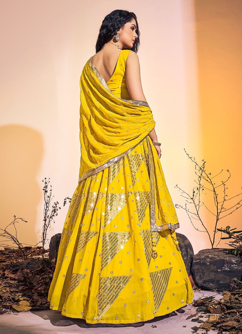 Lehenga Choli Georgette Yellow Hand Work Lehenga Choli