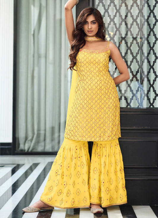 Salwar Suit Georgette Yellow Embroidered Salwar Kameez