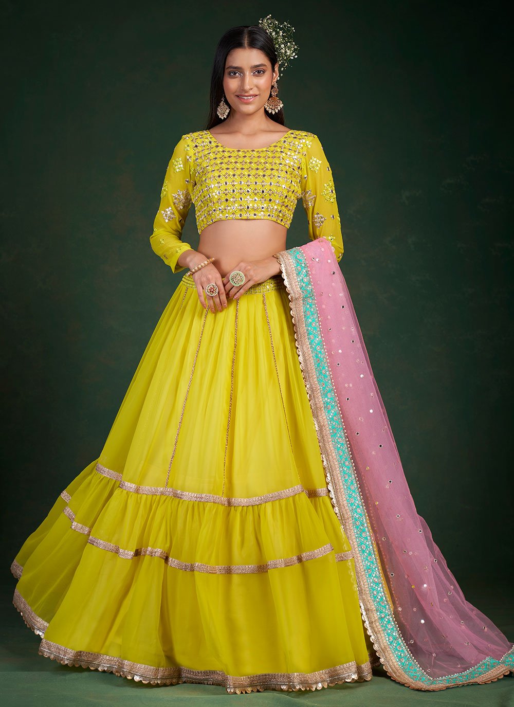 Lehenga Choli Georgette Yellow Sequins Lehenga Choli